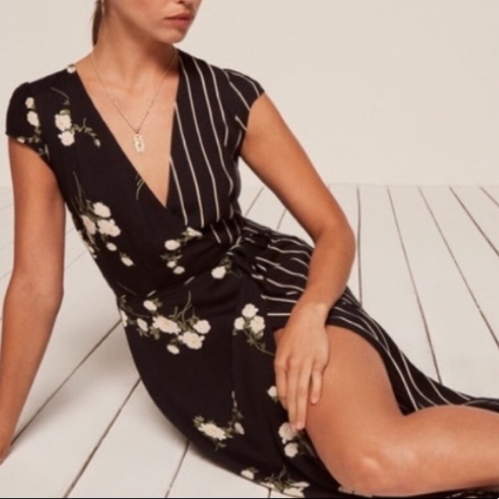 Reformation Sabrina Black Floral & Stripe Wrap Dress